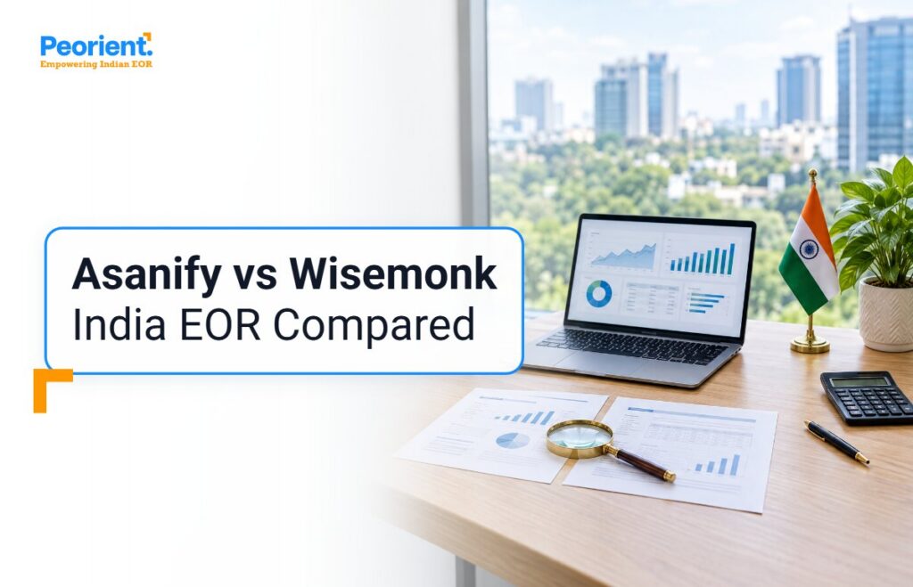 Indian office desk with two vendor proposals and a payroll dashboard, comparing Asanify and Wisemonk India EOR