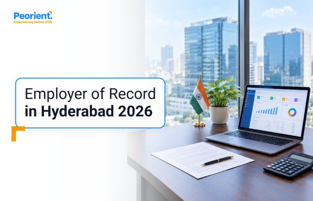 High-rise HITEC City office desk with laptop and employment contract, for hiring in Hyderabad through an employer of record