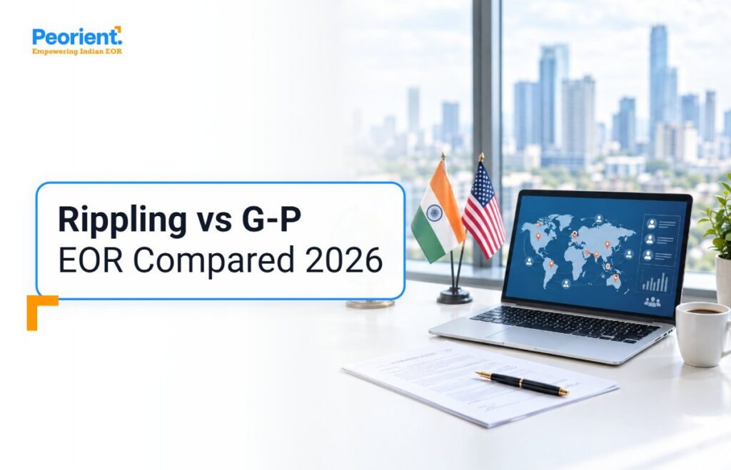 Global hiring desk with a world map dashboard, contract and India and US flags, comparing Rippling and G-P EOR